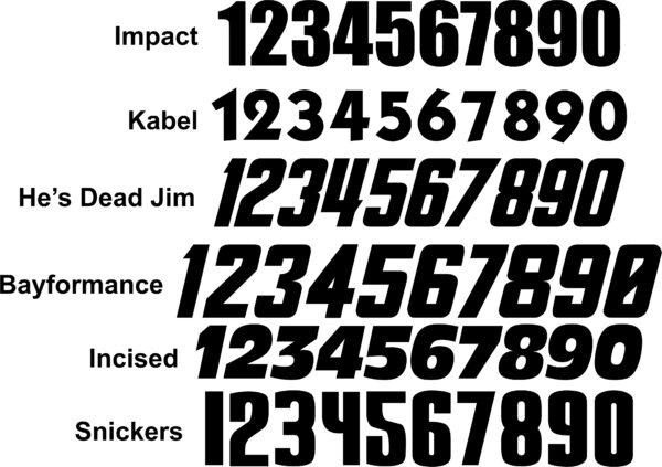 Black numbers 1 through 9 in different fonts.