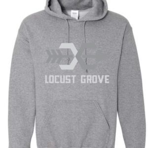 Grey hoodie with Locust Grove logo.