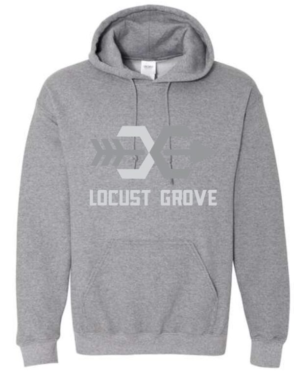 Grey hoodie with Locust Grove logo.