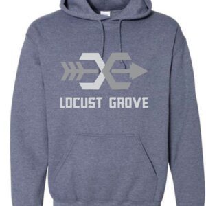 Blue hoodie with Locust Grove logo.