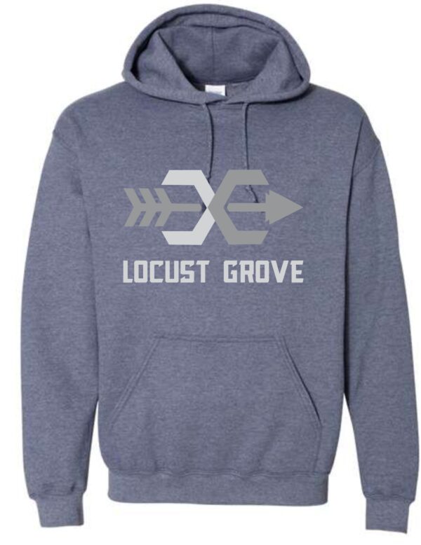 Blue hoodie with Locust Grove logo.