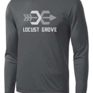 Grey long-sleeve shirt with Locust Grove logo.