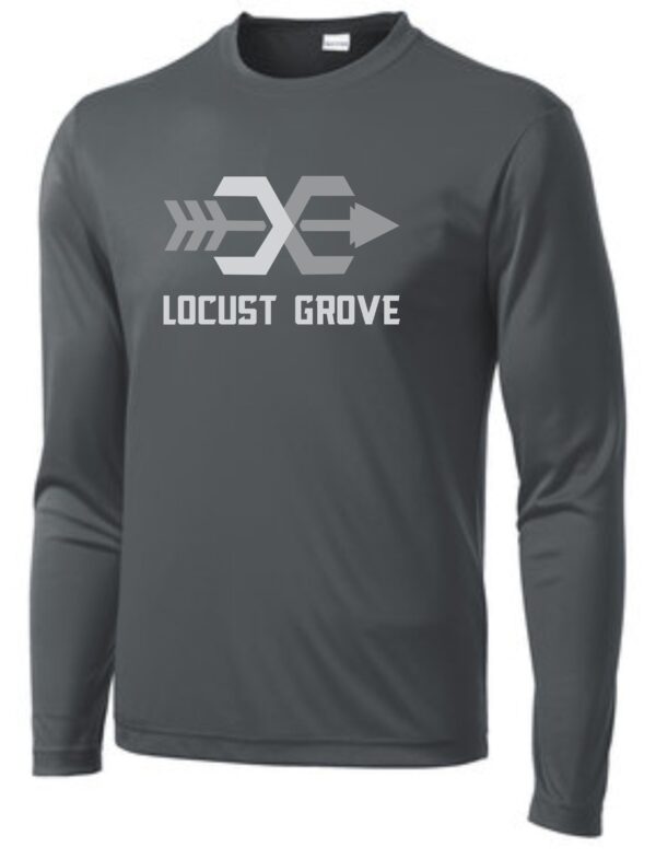 Grey long-sleeve shirt with Locust Grove logo.