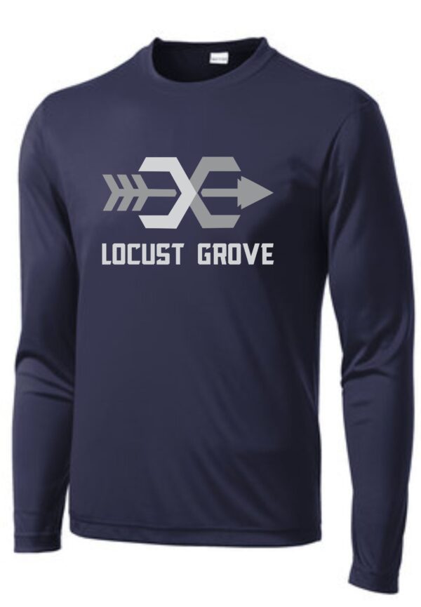 Navy blue long sleeve shirt with Locust Grove logo.