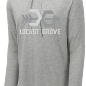 Gray long sleeve hoodie with Locust Grove logo.