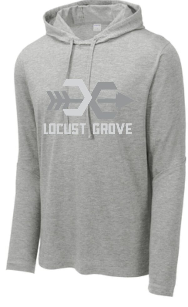 Gray long sleeve hoodie with Locust Grove logo.