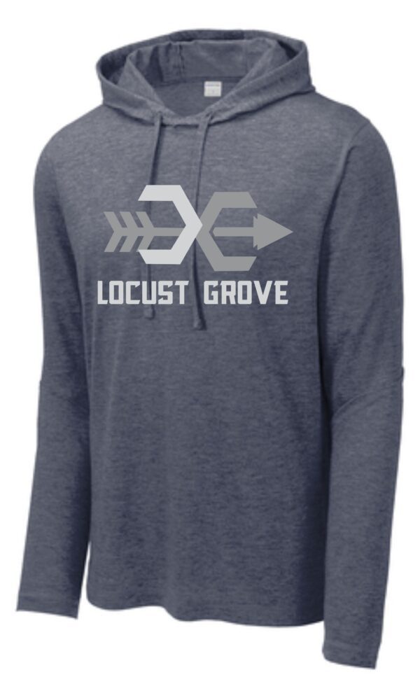 Blue long sleeve hoodie with Locust Grove logo.