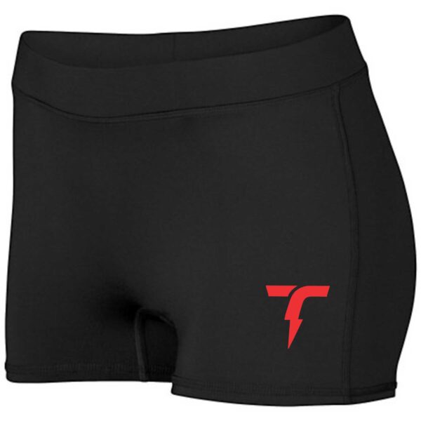 Black athletic shorts with red logo.