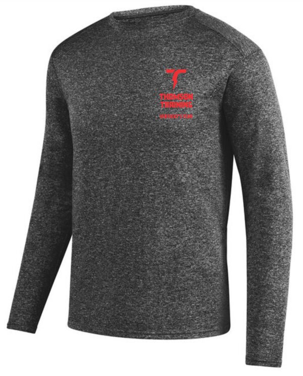 Gray long-sleeve shirt with red logo.