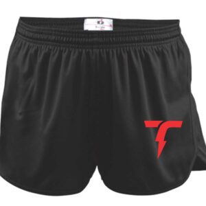 Black athletic shorts with red logo.