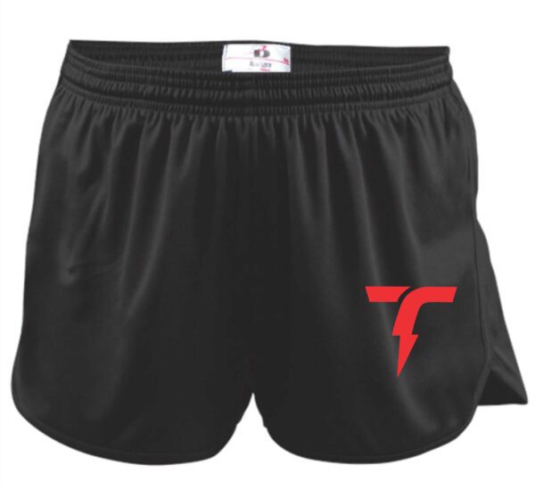 Black athletic shorts with red logo.