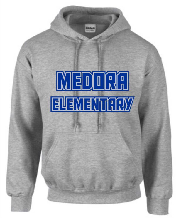 Gray hoodie with Medora Elementary logo.