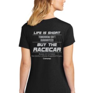 Woman in black shirt, "Buy the Racecar"