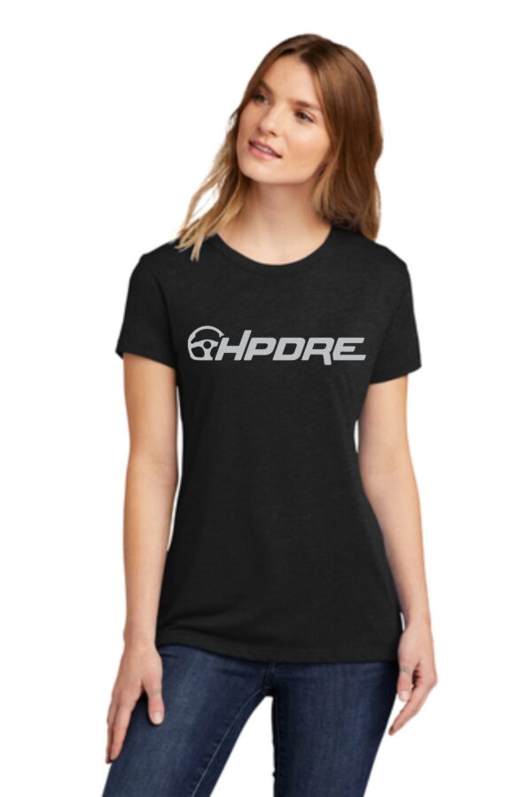 Woman wearing a black HPDE t-shirt.