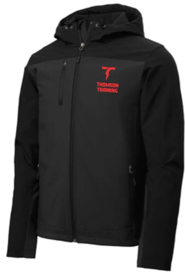 Black hooded jacket with Thomson Training logo.