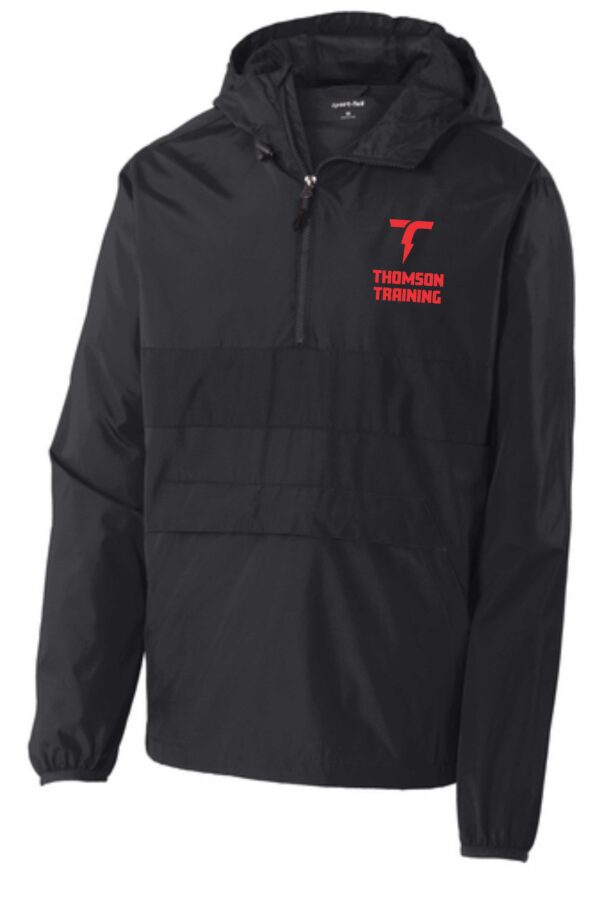 Black hooded jacket with Thomson Training logo.