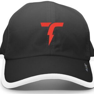 Black baseball cap with red lightning bolt logo.