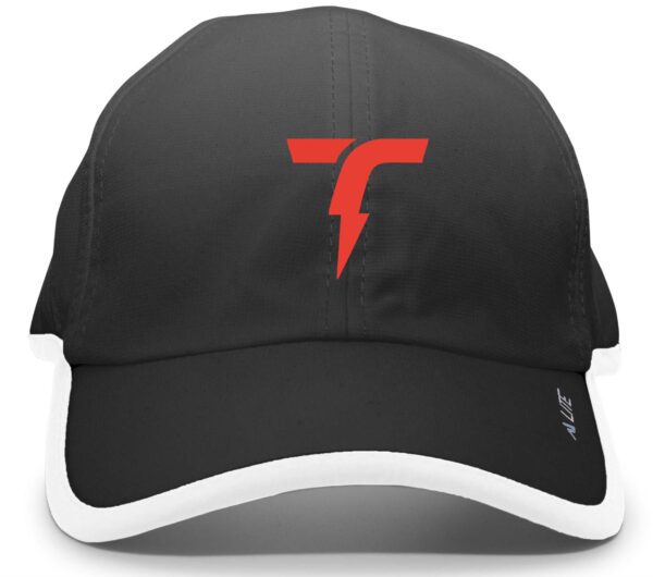 Black baseball cap with red lightning bolt logo.