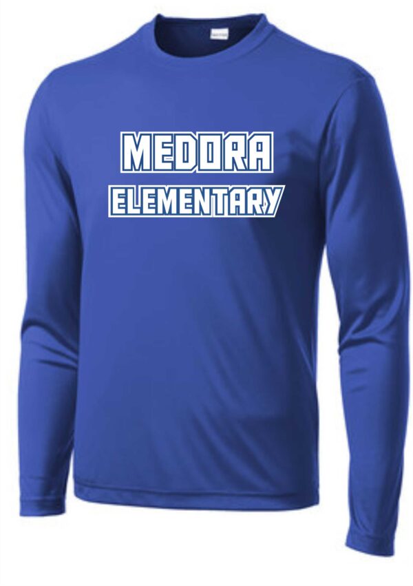 Blue long-sleeve shirt with Medora Elementary logo.