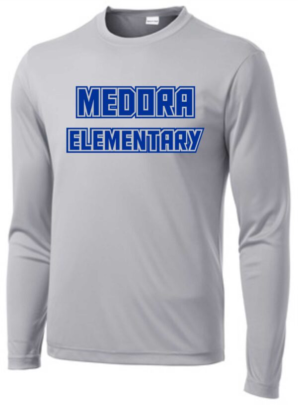 Gray long-sleeve shirt with "Medora Elementary"