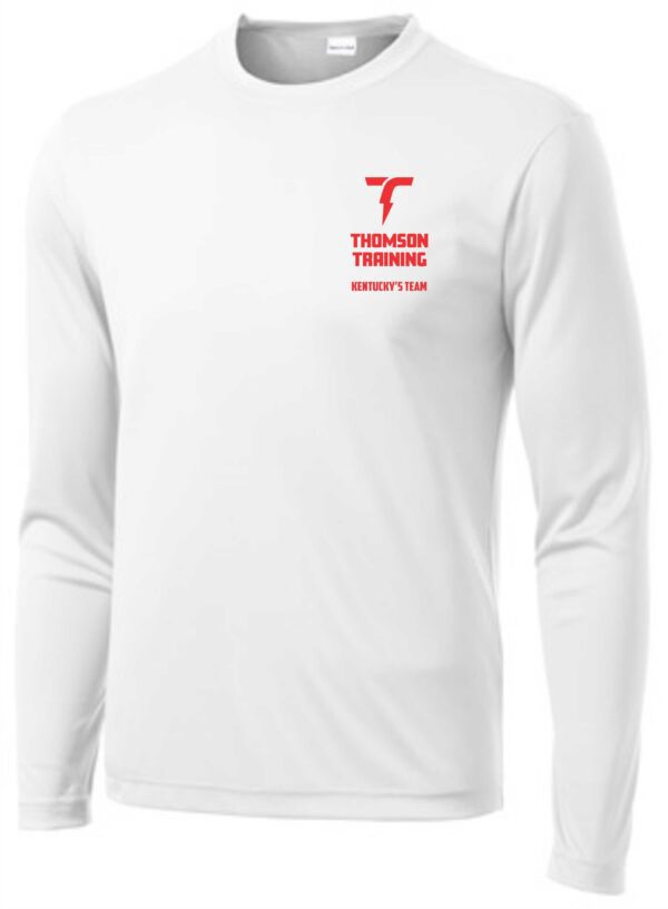 White long-sleeve shirt with Thomson Training logo.