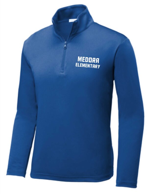 Blue long-sleeve shirt with Medora Elementary logo.