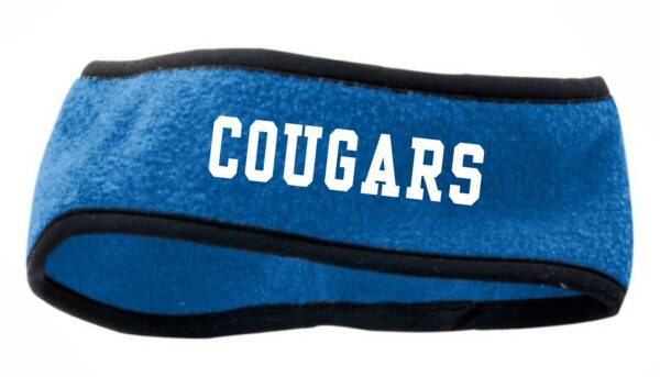 Blue fleece headband with "Cougars" text.