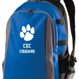 Blue backpack with CEC Cougars logo.