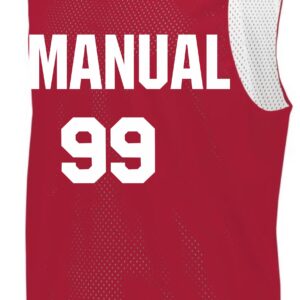 Red basketball jersey with "MANUAL 99"