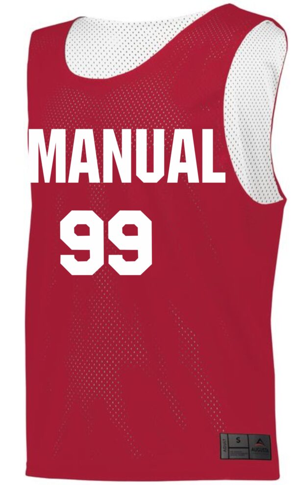 Red basketball jersey with "MANUAL 99"