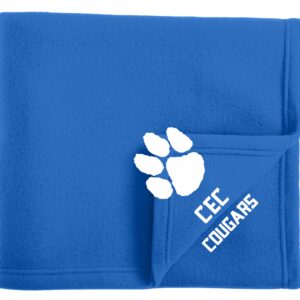 Blue fleece blanket with paw print and "CEC Cougars"