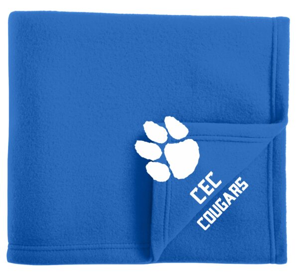 Blue fleece blanket with paw print and "CEC Cougars"