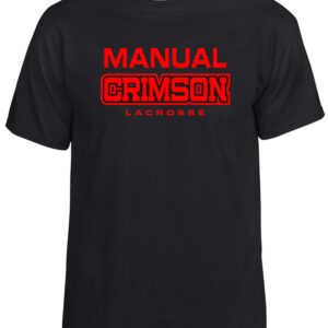 Black t-shirt with red "Manual Crimson" lacrosse logo.