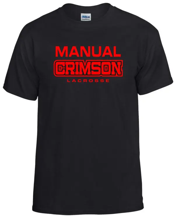 Black t-shirt with red "Manual Crimson" lacrosse logo.