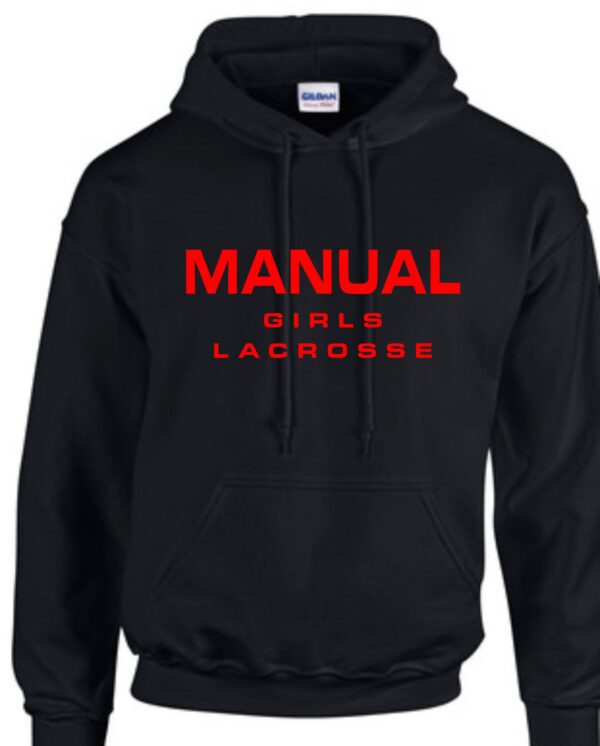 Black hoodie with red "Manual Girls Lacrosse" text.