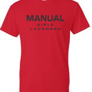 Red t-shirt with Manual Girls Lacrosse logo.