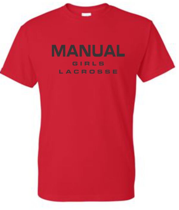 Red t-shirt with Manual Girls Lacrosse logo.