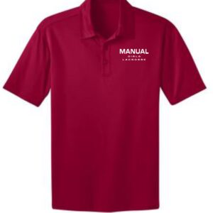 Red polo shirt with Manual Girls Lacrosse logo.