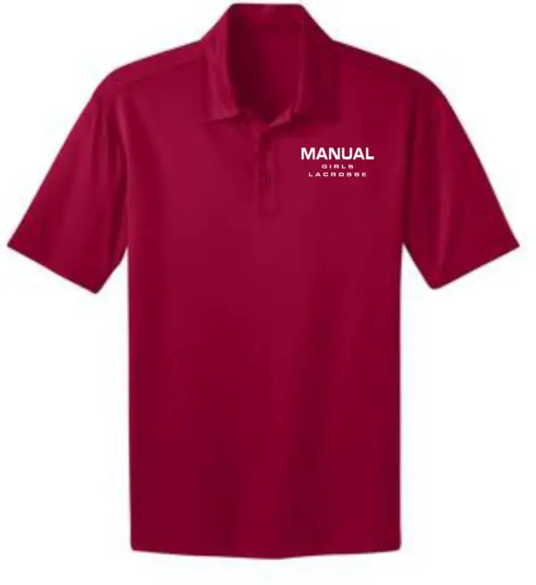 Red polo shirt with Manual Girls Lacrosse logo.