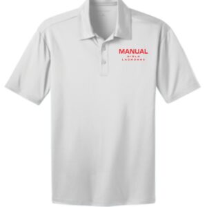 White polo shirt with Manual Girls Lacrosse logo.