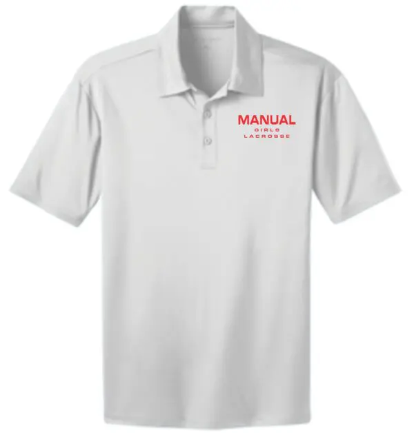 White polo shirt with Manual Girls Lacrosse logo.