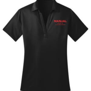 Black polo shirt with Manual Girls Lacrosse logo.