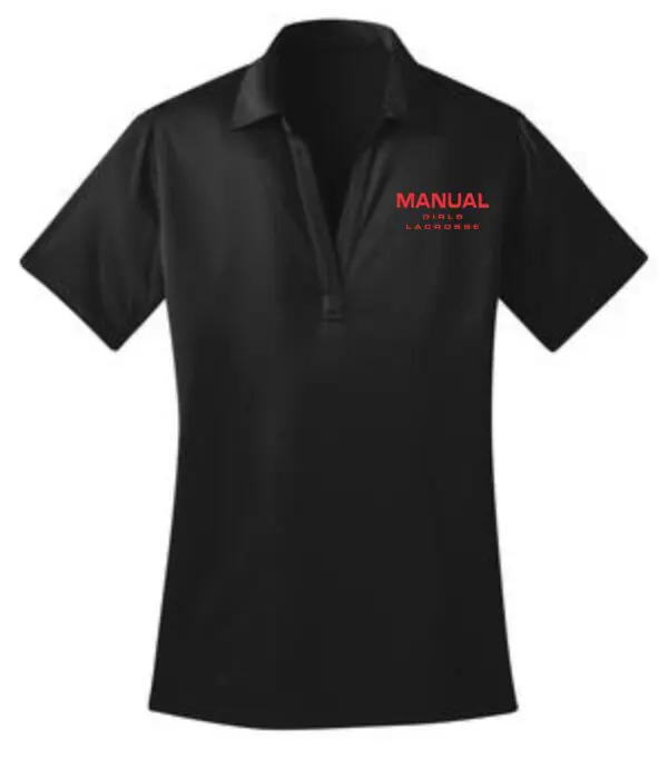 Black polo shirt with Manual Girls Lacrosse logo.