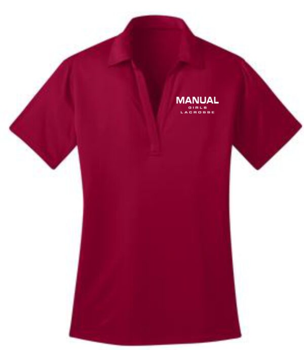 Red polo shirt with "Manual Girls Lacrosse" logo.