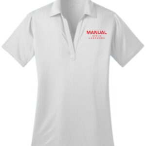 White polo shirt with "Manual Girls Lacrosse" logo.