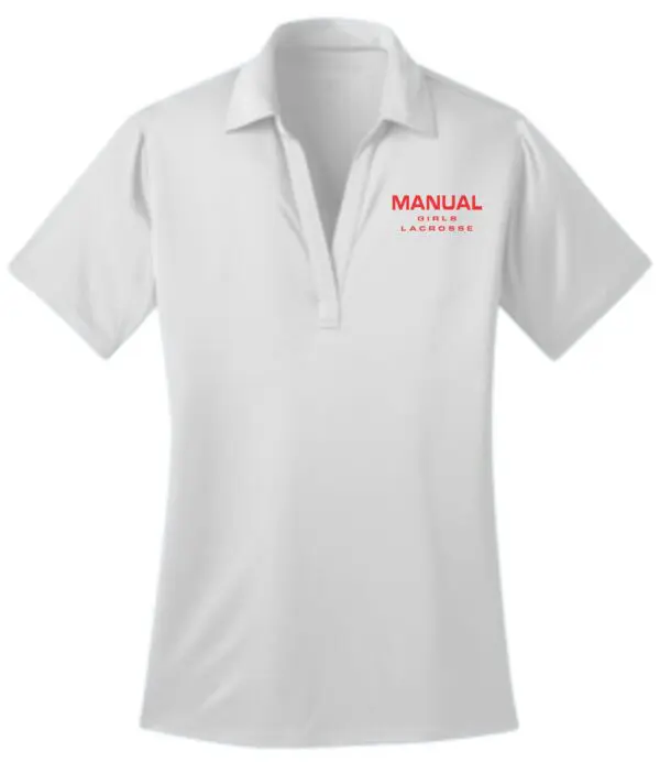 White polo shirt with "Manual Girls Lacrosse" logo.