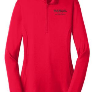 Red long-sleeve zip-up with Manual Girls Lacrosse logo.