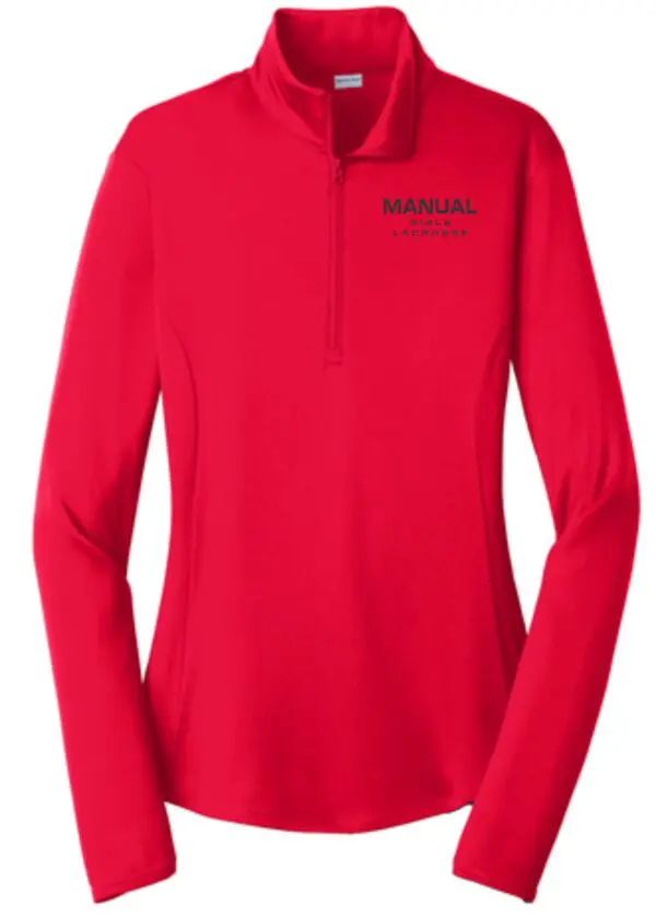 Red long-sleeve zip-up with Manual Girls Lacrosse logo.