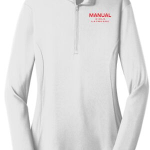 White long-sleeved shirt with Manual Girls Lacrosse logo.