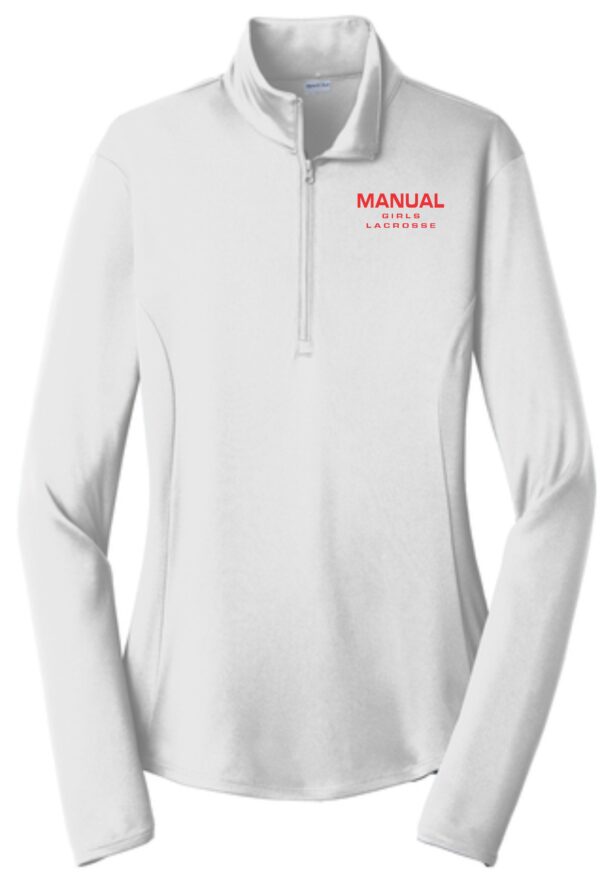 White long-sleeved shirt with Manual Girls Lacrosse logo.